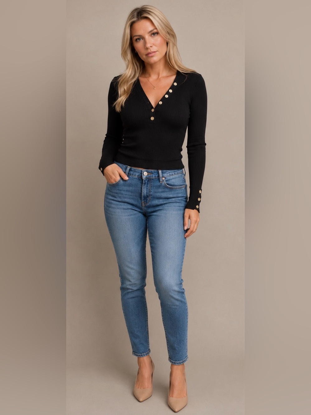 Love Tree Black Ribbed V-neck Long Sleeve Sweater with Buttons sz M